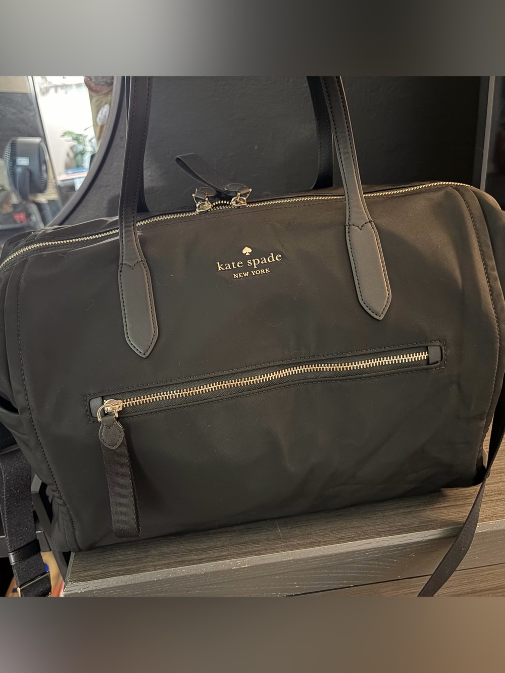 Kate Spade Black Nylon Duffle Weekender Travel Bag Gold Hardware